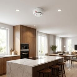 Lắp đặt cảm biến khói Tuya Zigbee thực tế gắn trên trần thạch cao gian bếp hiện đại