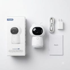 Mở hộp trọn bộ camera Aqara Hub G3 kèm ốp tai mèo silicon và cáp nguồn Type-C nền trắng