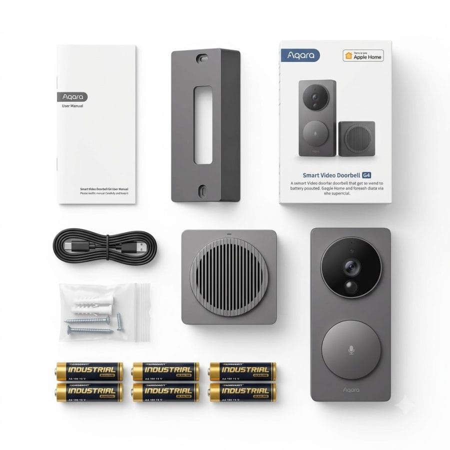Mở hộp trọn bộ chuông cửa Aqara G4 kèm đế nêm góc nghiêng 20 độ và phụ kiện nền trắng