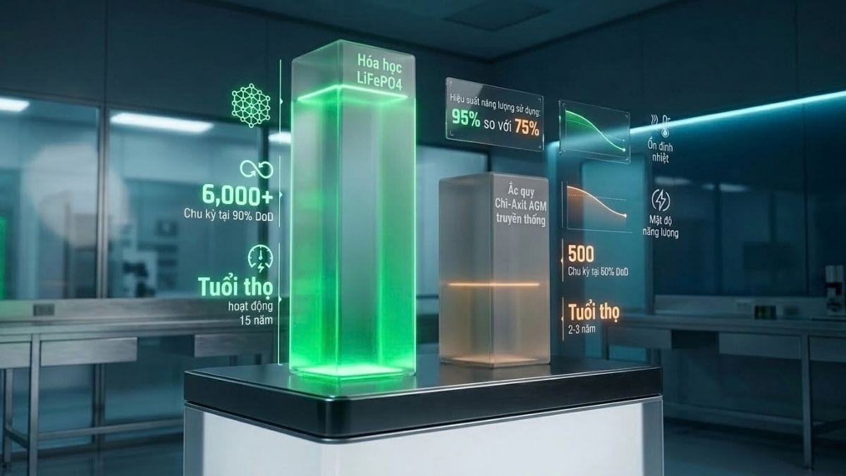 Biểu đồ 3D so sánh vòng đời 6000 chu kỳ ở 90% DoD của pin LiFePO4 so với 500 chu kỳ của ắc quy chì