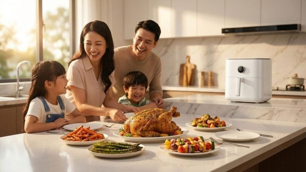 Món nướng gà nguyên con vàng giòn cho gia đình chế biến bằng nồi chiên không dầu thông minh 6.5L