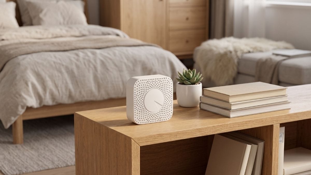 Hộp cảm biến chất lượng không khí Tuya Zigbee nhỏ gọn màu trắng đặt trên kệ gỗ sồi trong phòng ngủ Scandinavian