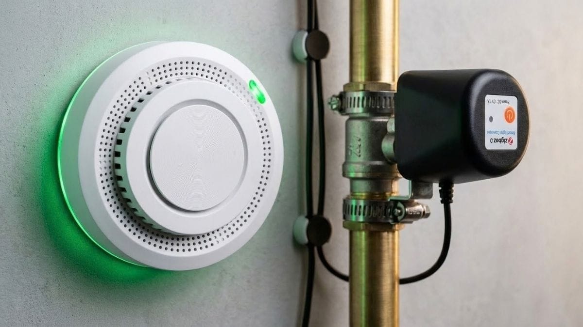 Cận cảnh cảm biến rò rỉ gas thông minh và động cơ khóa van cơ khí tự động Thiết bị cảm biến rò rỉ gas gắn tường và động cơ kẹp khóa van gas cơ khí lắp đặt chuẩn kỹ thuật