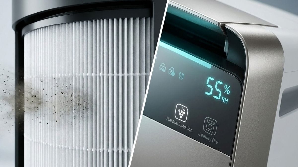Chi tiết màn hình hiển thị độ ẩm thời gian thực và cấu tạo bộ lọc True HEPA máy hút ẩm Sharp