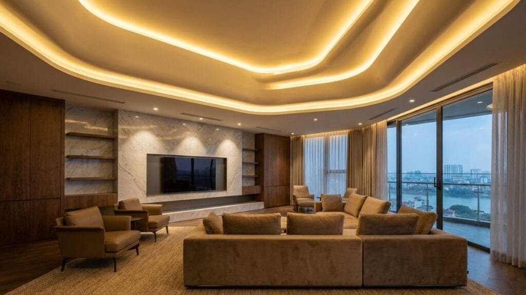 Ánh sáng gián tiếp hắt khe trần Cove Lighting mang lại cảm giác rộng mở và sang trọng cho phòng khách