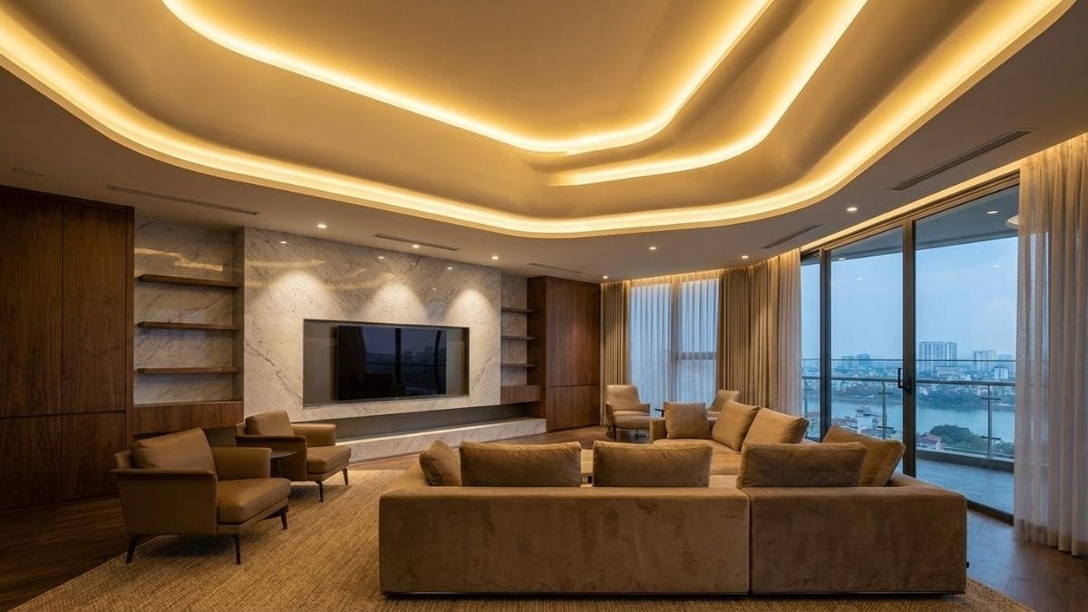 Thiết kế chiếu sáng gián tiếp Cove Lighting tạo hiệu ứng trần nhà cao thoáng Ánh sáng gián tiếp hắt khe trần Cove Lighting mang lại cảm giác rộng mở và sang trọng cho phòng khách