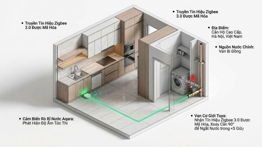 Sơ đồ 3D nguyên lý hoạt động cảm biến rò rỉ nước liên động van khóa tự động bảo vệ sàn gỗ căn hộ