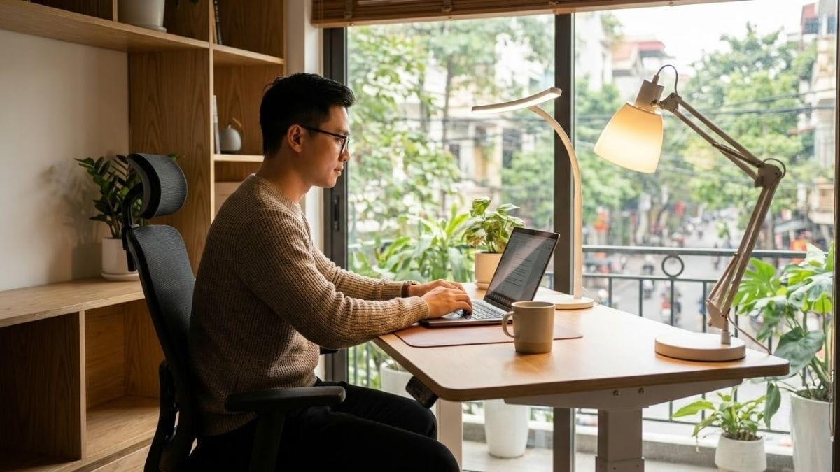 Góc làm việc hiện đại của gia chủ với hệ thống chiếu sáng bảo vệ mắt và bàn nâng hạ công thái học