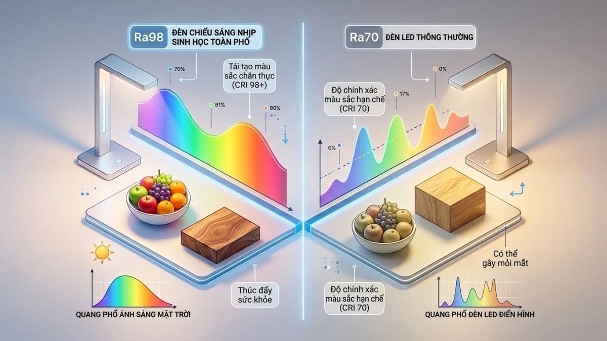 Sơ đồ infographic kỹ thuật so sánh chất lượng tái tạo màu sắc trung thực của đèn LED chỉ số hoàn màu cao CRI Ra95+