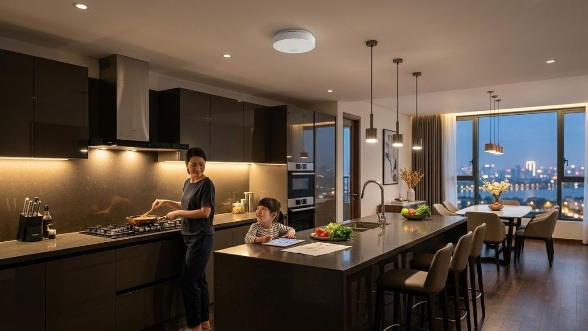 Không gian bếp căn hộ chung cư sang trọng với hệ thống an ninh báo cháy thông minh Không gian bếp hiện đại lắp đặt cảm biến báo khói Tuya Zigbee bảo vệ an toàn cháy nổ cho gia đình