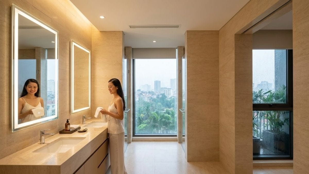 Gia chủ tận hưởng phòng tắm cao cấp khô ráo và không bị đọng nước gương mùa nồm ẩm