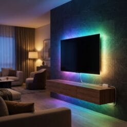 Lắp đặt đèn LED dây Aqara Strip T1 thực tế hắt sáng sau kệ tivi phòng khách căn hộ cao cấp