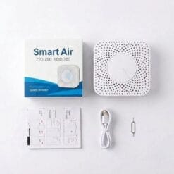 Mở hộp trọn bộ cảm biến không khí Tuya Zigbee 6-in-1 kèm cáp nguồn và que chọc reset nền trắng