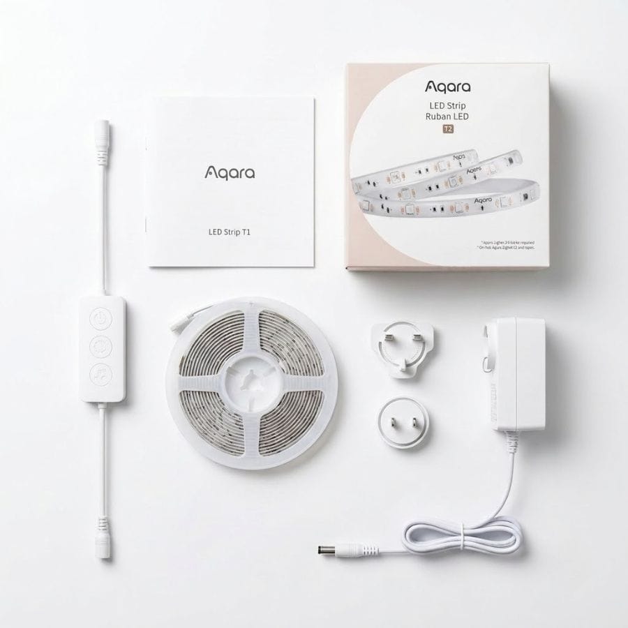 Mở hộp trọn bộ đèn LED dây Aqara LED Strip T1 bản quốc tế kèm adapter nguồn nền trắng