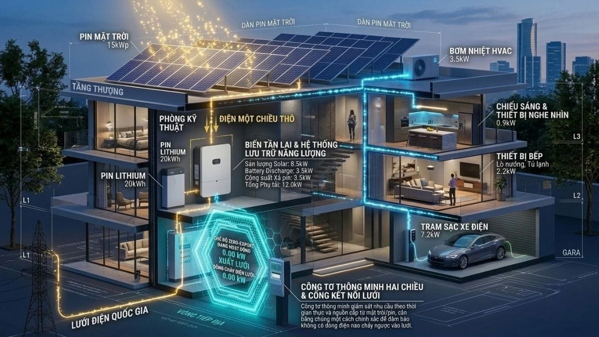 Sơ đồ 3D dòng chảy năng lượng cân bằng tải tiêu thụ gia đình và triệt tiêu công suất phát ngược lưới điện quốc gia