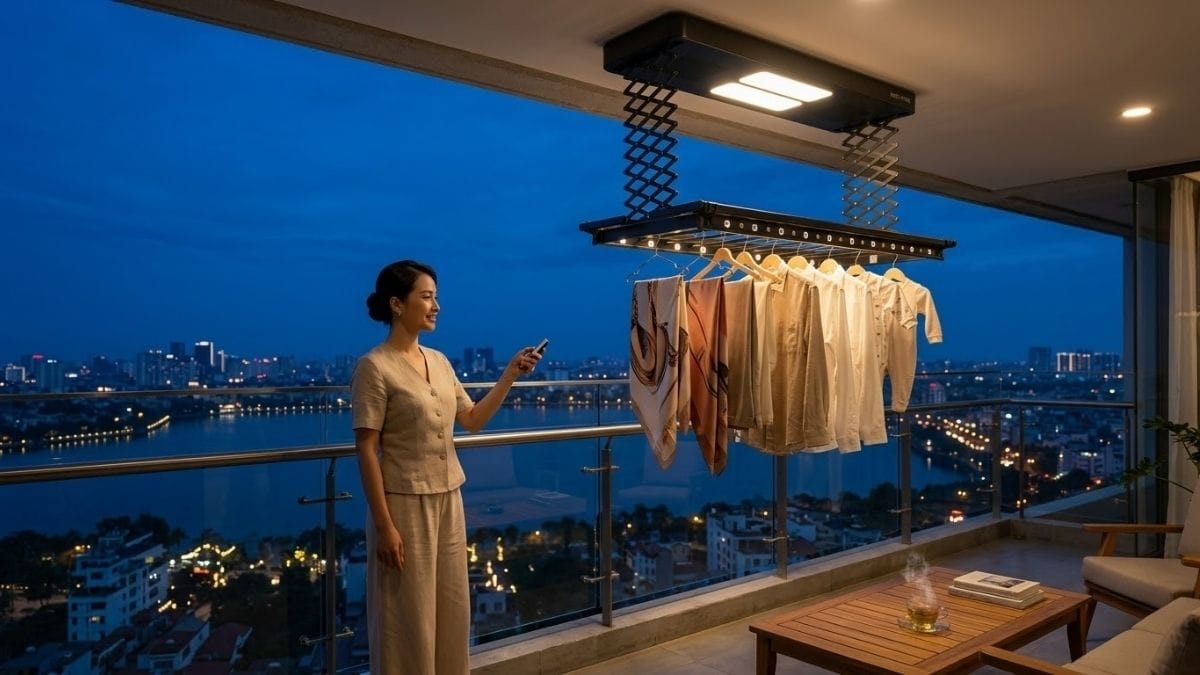 Gia chủ điều khiển nâng hạ giàn phơi thông minh INNO HOME màu đen nhẹ nhàng bằng remote không dây tại ban công căn hộ