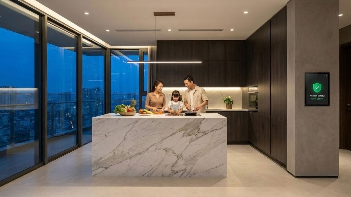 Phối cảnh không gian bếp căn hộ cao cấp tiện nghi và an toàn tuyệt đối Không gian bếp đảo sang trọng trong căn hộ cao cấp với giải pháp an ninh gia đình thông minh mang lại sự an tâm trọn vẹn