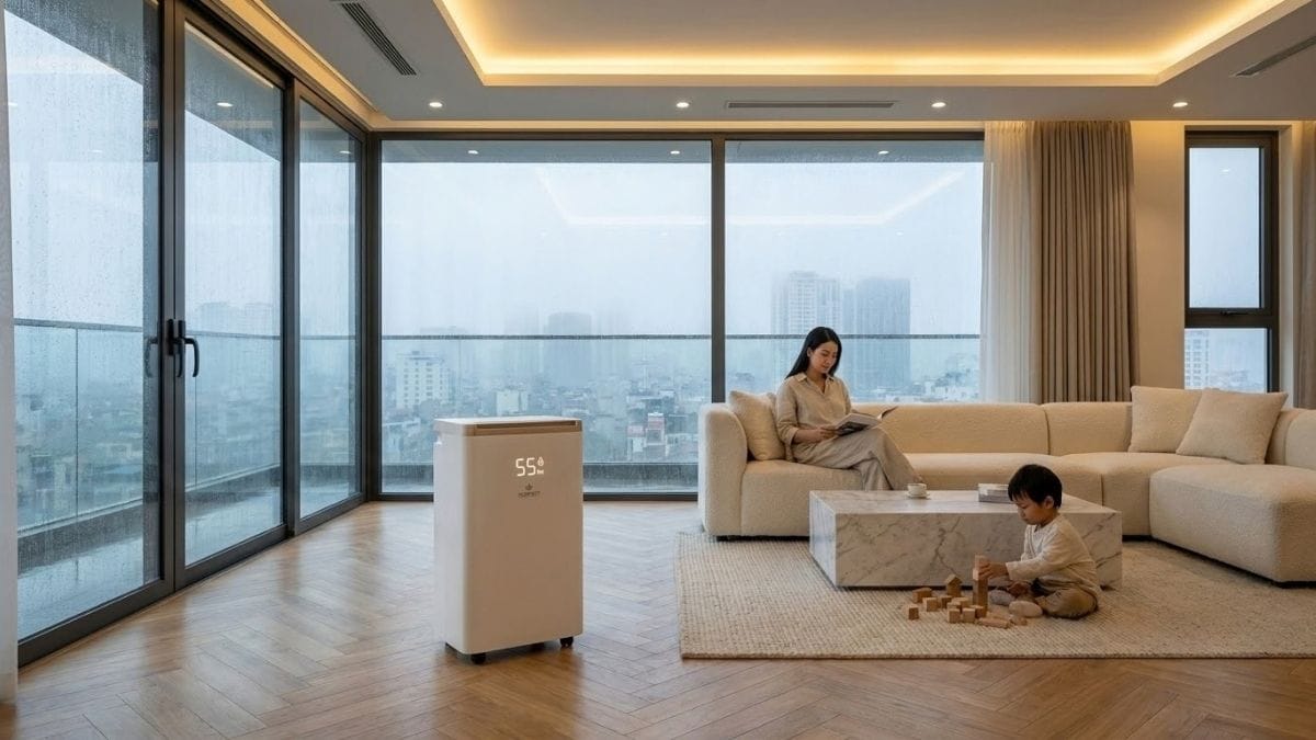Phòng khách căn hộ sàn gỗ khô ráo ấm cúng với máy hút ẩm hoạt động êm ái trong ngày mưa phùn nồm ẩm