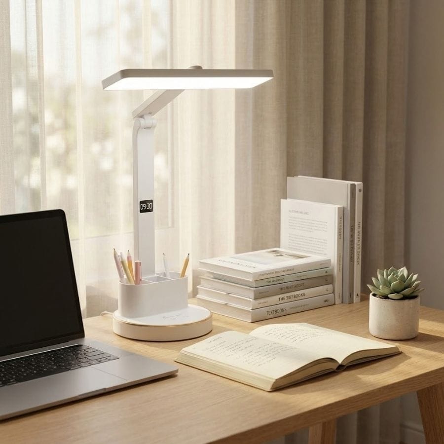 Phối cảnh góc học tập hiện đại cùng Đèn Bàn Học Chống Cận ONR Phối cảnh góc bàn học gọn gàng sang trọng được chiếu sáng bởi đèn bàn học chống cận ONR