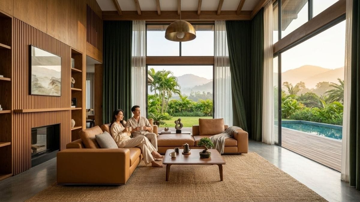 Không gian phòng khách biệt thự sang trọng với rèm vải đóng mở tự động Phòng khách biệt thự hiện đại sử dụng động cơ rèm thông minh tự động đóng mở theo ngữ cảnh ánh sáng