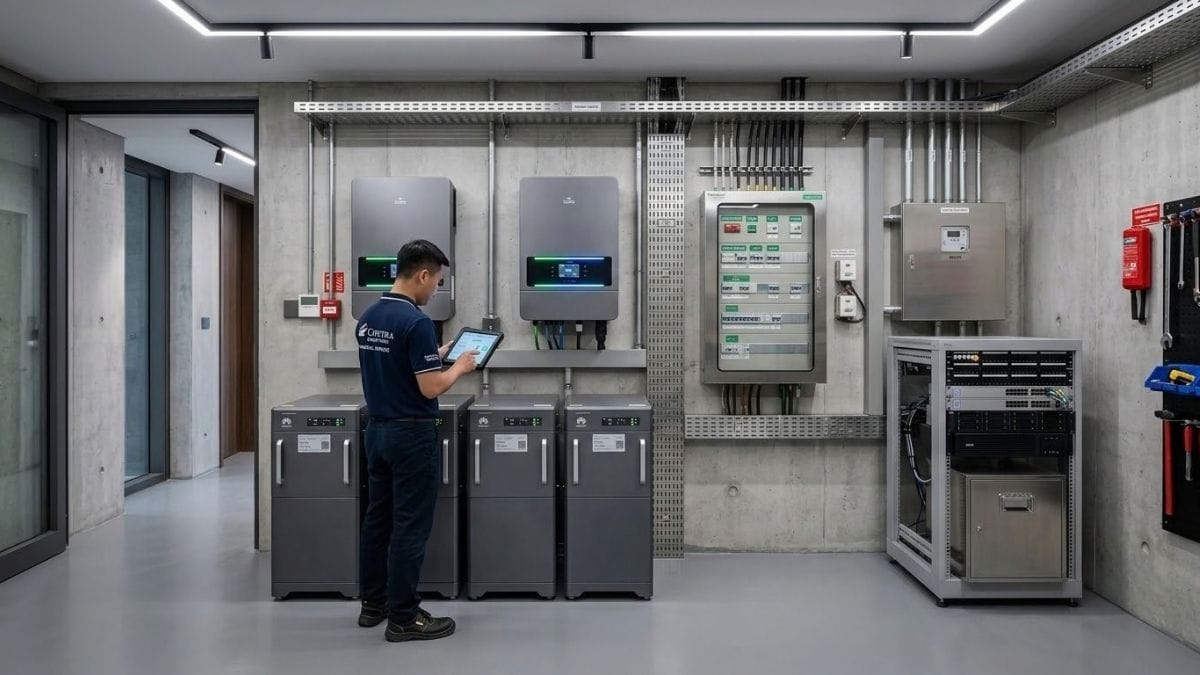 Hệ thống tủ pin lưu trữ lithium LiFePO4 và Inverter Hybrid 3 pha lắp đặt gọn gàng chuyên nghiệp tại phòng kỹ thuật biệt thự