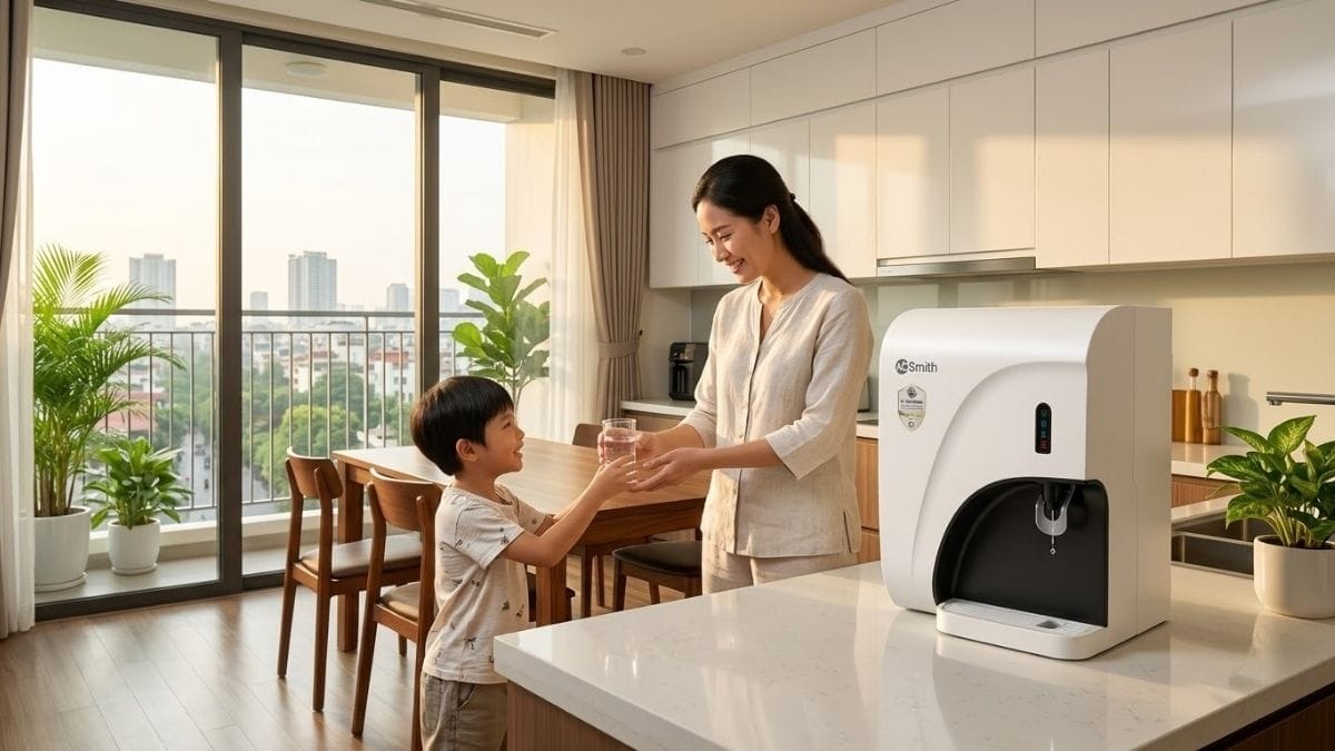 Mẹ rót nước sạch trực tiếp từ máy lọc nước đặt bàn AO Smith C2 cho con uống trong căn hộ hiện đại