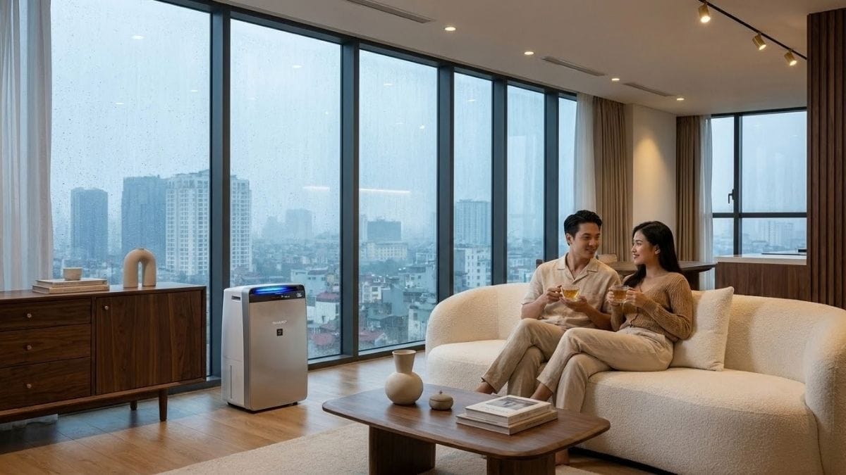 Phòng khách chung cư cao cấp duy trì độ ẩm lý tưởng 55% bảo vệ sàn gỗ trong mùa mưa nồm