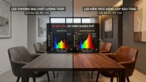 So sánh hiệu ứng tái hiện sắc đỏ của chỉ số hoàn màu R9 cao trên vân gỗ óc chó và nội thất biệt thự