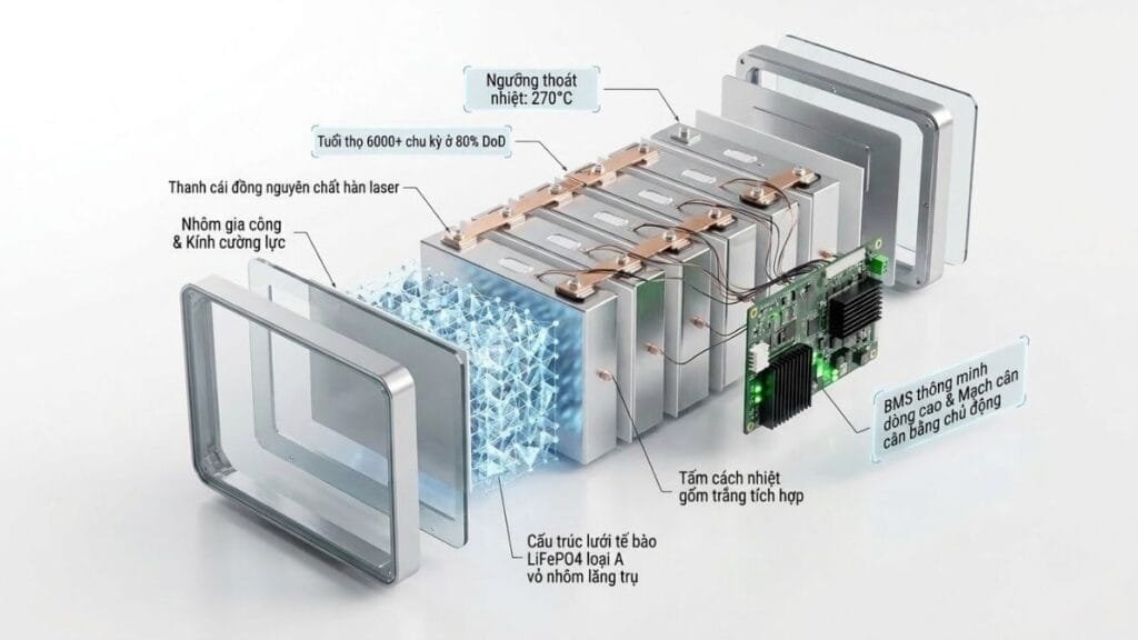 Sơ đồ 3D cấu tạo cell pin lưu trữ LiFePO4 và bo mạch Smart BMS cân bằng chủ động bảo vệ an toàn nhiệt