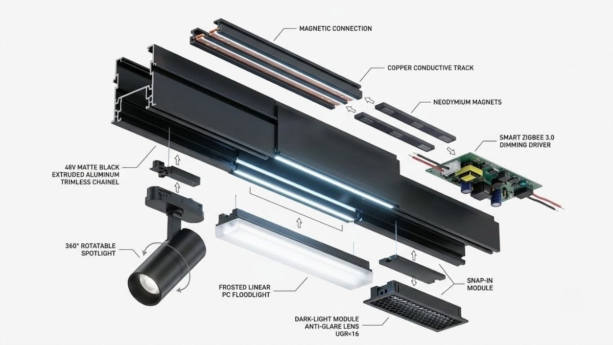 Sơ đồ kỹ thuật 3D cấu tạo hệ ray nam châm điện áp an toàn 48V Sơ đồ 3D chi tiết thanh ray nhôm từ tính và các khớp nối đèn spotlight thay thế linh hoạt
