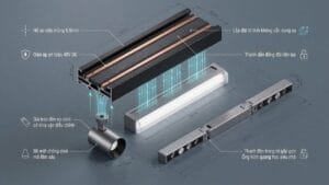Bản vẽ 3D isometric bóc tách chi tiết thanh nhôm định hình ray từ tính 48V và các module đèn rọi chiếu tỏa gắn trần
