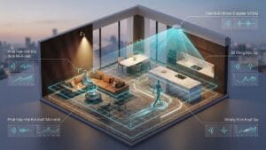 Sơ đồ 3D mặt bằng căn hộ với các lưới tọa độ đa vùng kích hoạt tự động hóa độc lập của cảm biến radar hiện diện mmWave