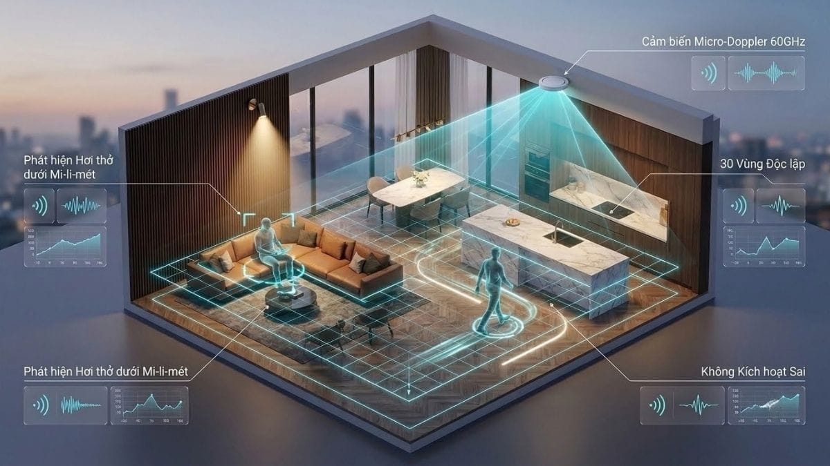 Sơ đồ 3D chia lưới không gian và định vị vị trí người theo thời gian thực bằng cảm biến radar mmWave 60GHz Sơ đồ 3D mặt bằng căn hộ với các lưới tọa độ đa vùng kích hoạt tự động hóa độc lập của cảm biến radar hiện diện mmWave