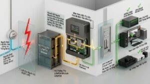 Sơ đồ 3D kỹ thuật chuyển mạch tức thì dưới 10ms của Hybrid Inverter và pin lưu trữ LiFePO4 khi lưới điện gặp sự cố