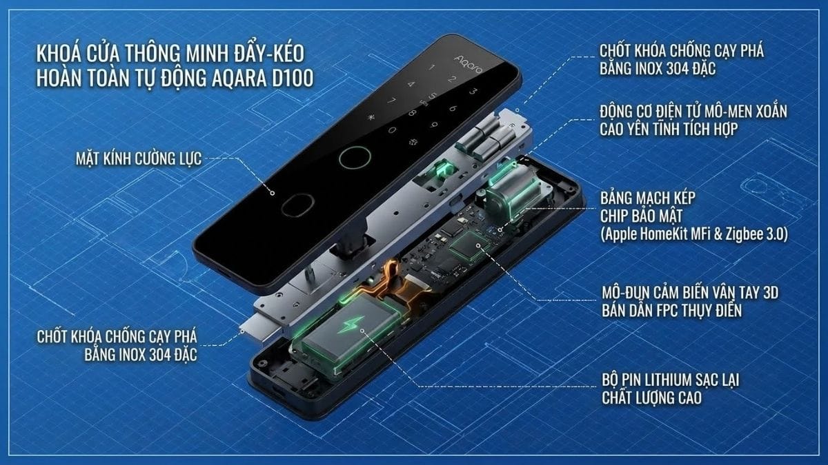 Sơ đồ kỹ thuật 3D cơ chế chốt khóa tự động hoàn toàn và hệ thống bảo mật đa tầng khóa Aqara D100