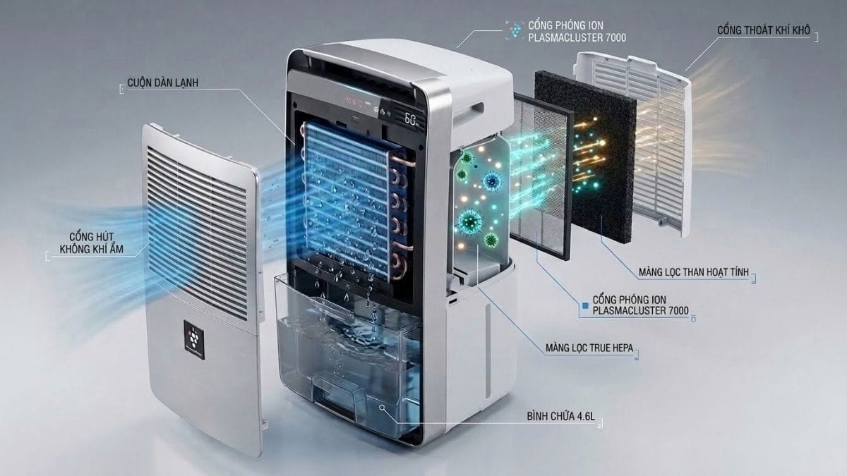 Sơ đồ kỹ thuật 3D nguyên lý ngưng tụ hơi ẩm và khử khuẩn nấm mốc bằng công nghệ ion Plasmacluster