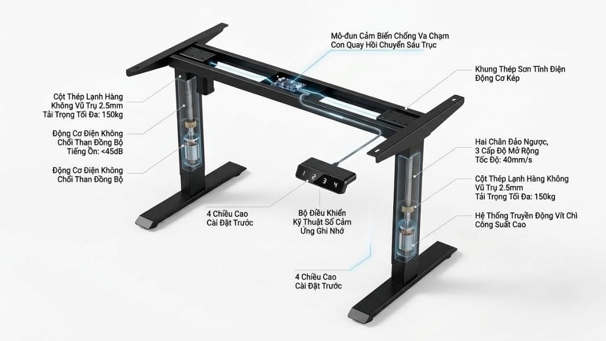 Cấu tạo kỹ thuật 3D chân bàn 3 khớp thép cán nguội và động cơ kép tải trọng 120kg khung bàn nâng hạ LUX-S