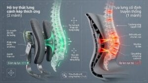 Bản vẽ 3D phân tích lực phân bổ cột sống L1-L5 giữa đệm thắt lưng 2 mảnh chuyển động linh hoạt và tựa lưng đơn phẳng