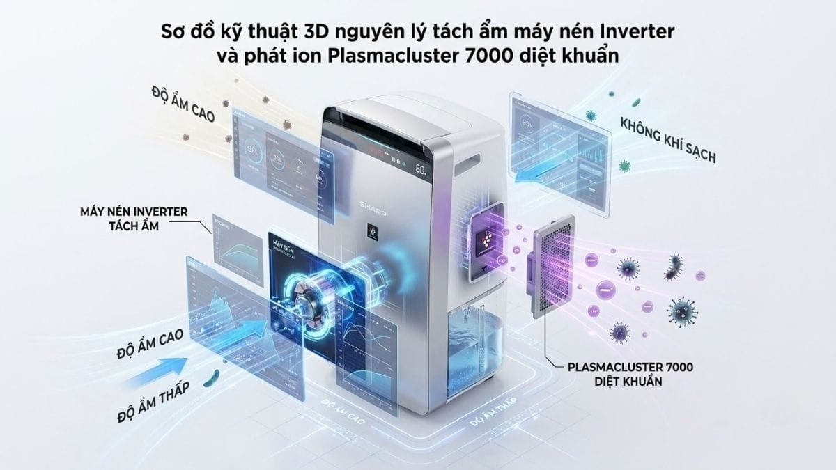 Sơ đồ công nghệ Plasmacluster Ion và máy nén Inverter Sharp DW-J27FV-S Sơ đồ kỹ thuật 3D nguyên lý tách ẩm máy nén Inverter và phát ion Plasmacluster 7000 diệt khuẩn