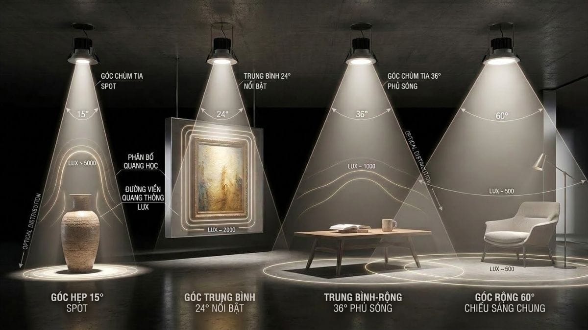 Sơ đồ trắc quang 3D mô phỏng các dải góc chiếu Beam Angle của đèn LED Sơ đồ phân bố quang học các góc chiếu Beam Angle 15 độ 24 độ 36 độ 60 độ trong thiết kế chiếu sáng biệt thự