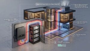 Sơ đồ kỹ thuật 3D dòng chảy năng lượng từ Inverter Hybrid 3 pha 15kW và pin LiFePO4 20kWh cấp điện cho điều hòa VRV và thang máy gia đình