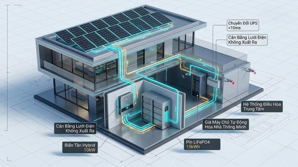 Sơ đồ kỹ thuật 3D kiến trúc năng lượng mặt trời hòa lưới có lưu trữ Hybrid ESS biệt thự cao cấp