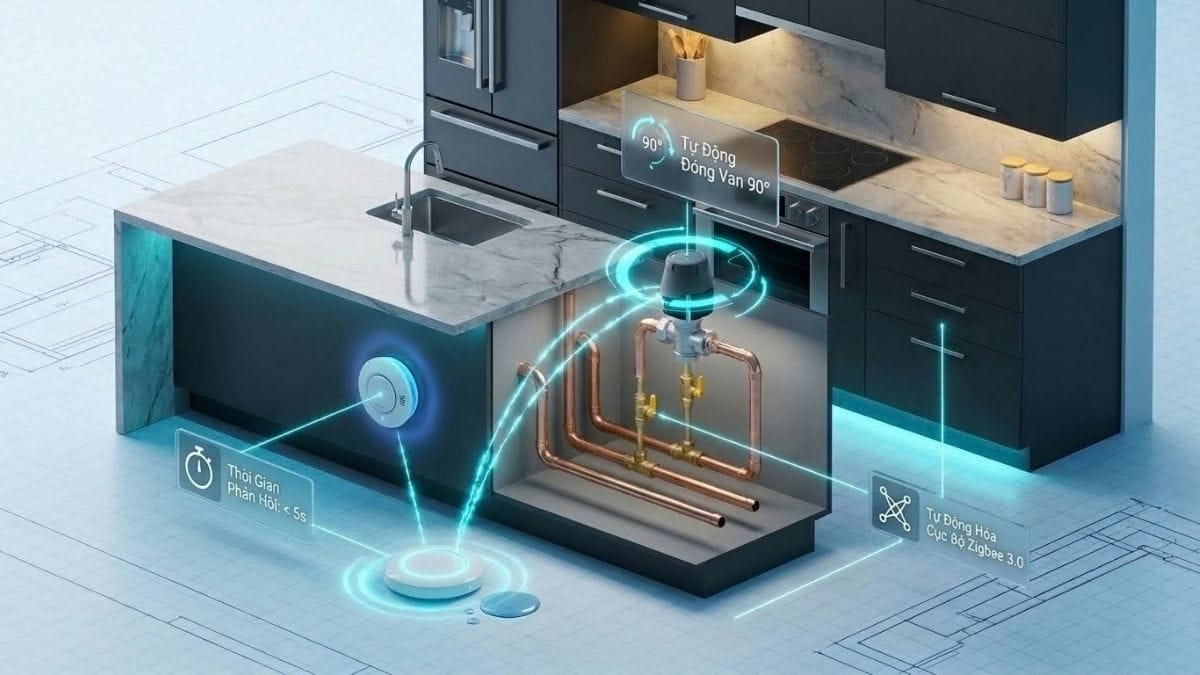 Sơ đồ 3D kịch bản tự động hóa an ninh đóng van gas và ngắt nước khẩn cấp Sơ đồ 3D kỹ thuật mô phỏng liên kết không dây giữa cảm biến rò rỉ gas ngập nước và động cơ khóa van tự động