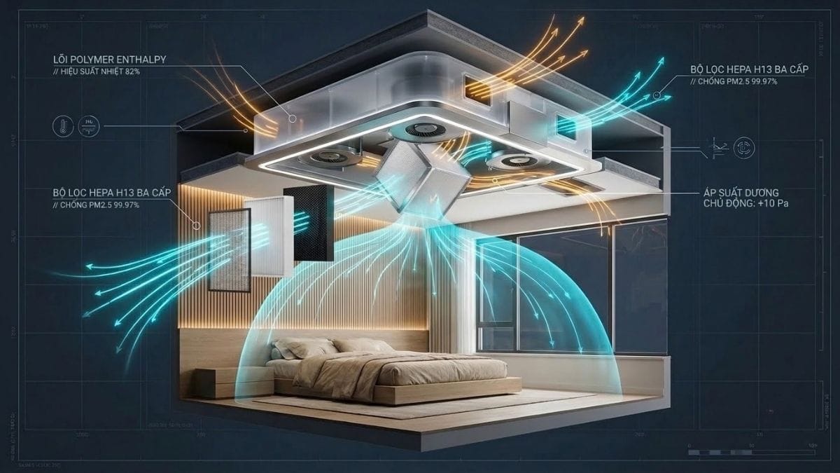 Bản vẽ 3D bóc tách cơ chế trao đổi nhiệt enthalpy và lọc sạch bụi mịn PM2.5 của máy cấp khí tươi áp suất dương