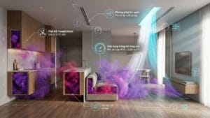 Sơ đồ 3D kỹ thuật minh họa dòng khí tươi áp suất dương quét sạch các phân tử khí độc VOC từ sàn gỗ và keo dán nội thất ra ngoài