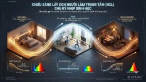 Sơ đồ kỹ thuật 3D chu trình chiếu sáng dưỡng thân Human Centric Lighting theo nhịp sinh học 24 giờ