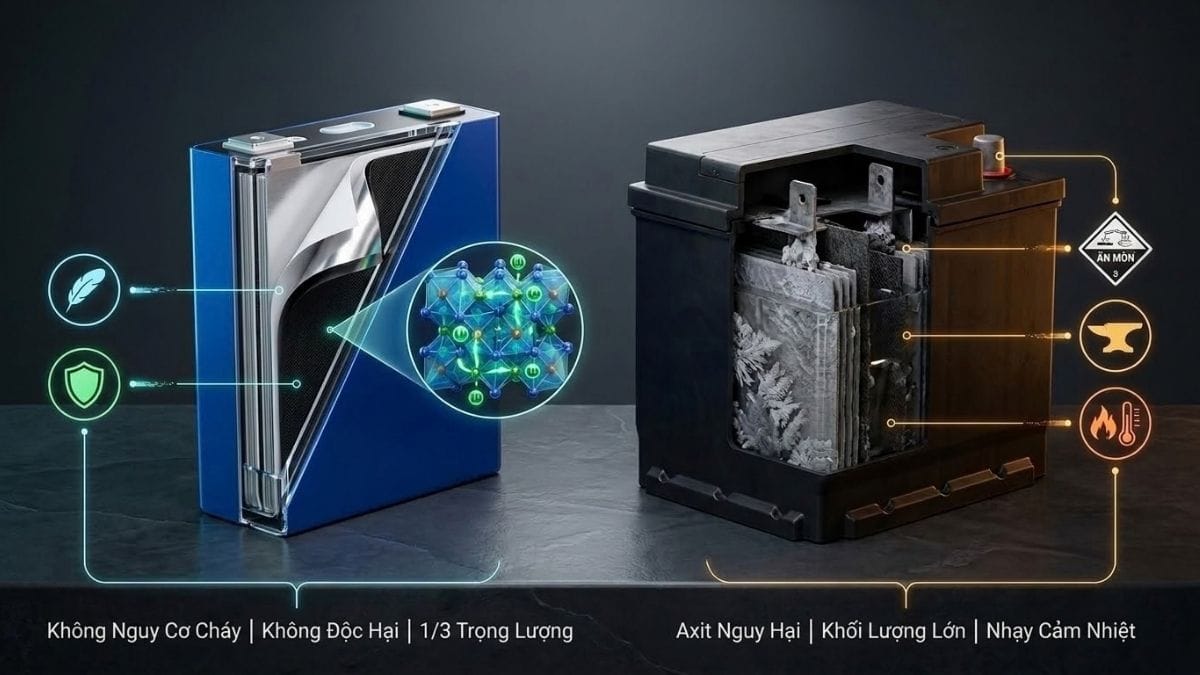 Sơ đồ 3D bóc tách kỹ thuật cấu trúc tinh thể mạng lưới olivine an toàn của pin LiFePO4 đối đầu cấu trúc bản cực chì axit