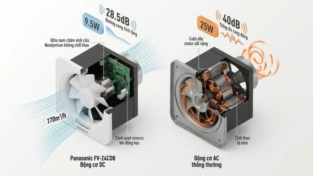 Sơ đồ kỹ thuật 3D đối chiếu hiệu suất động cơ DC inverter siêu êm và động cơ AC truyền thống