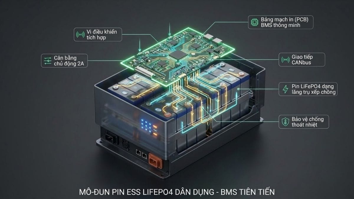 Sơ đồ cấu tạo hệ thống quản lý pin thông minh Smart BMS và mạch Active Balancer bảo vệ cell pin ESS