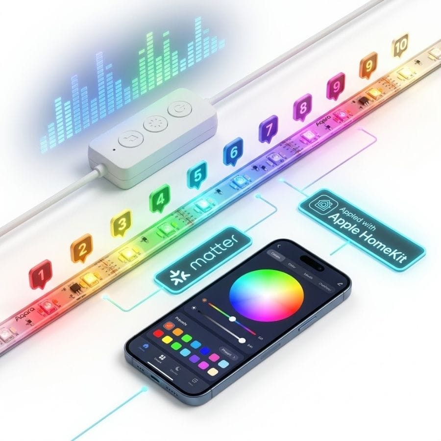 Sơ đồ công nghệ RGBIC 10 phân vùng màu độc lập và đồng bộ âm nhạc của Aqara LED Strip T1